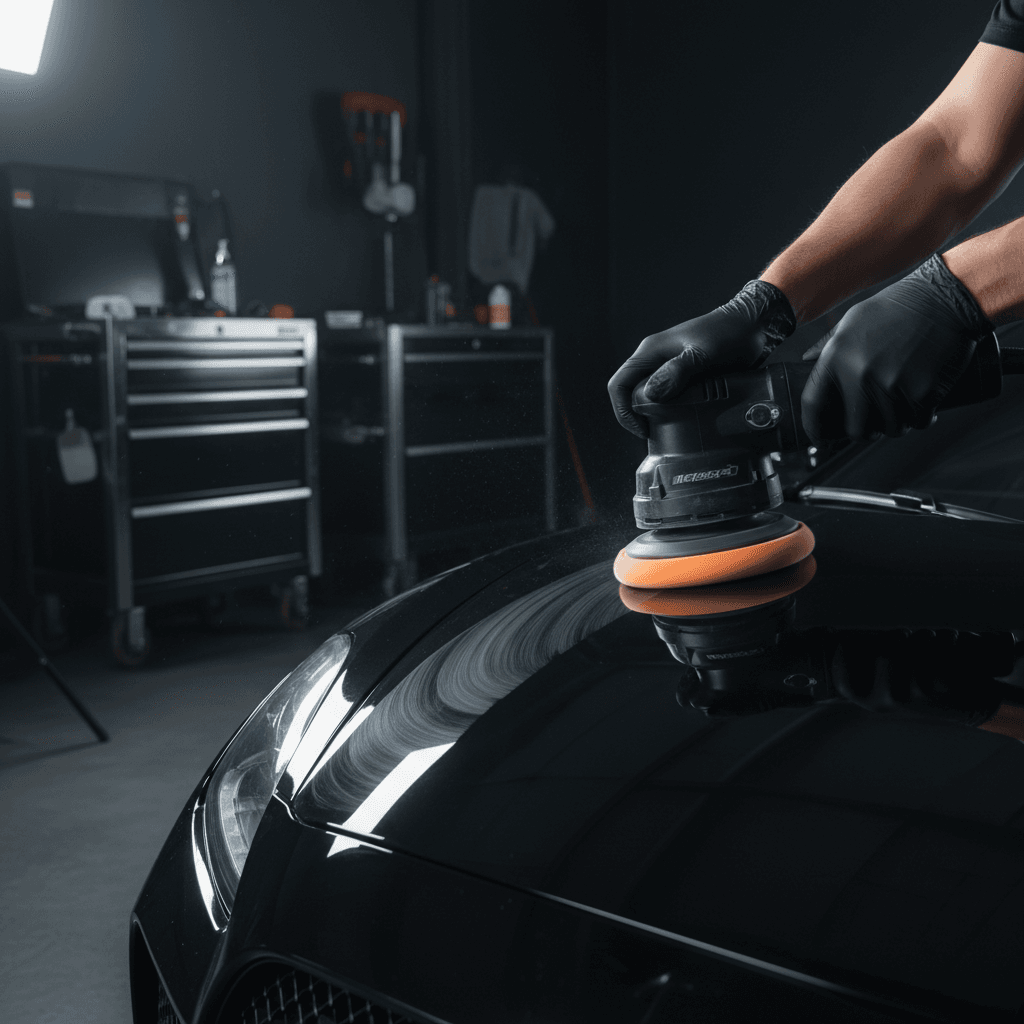 Detailer polishing a car in a bright studio