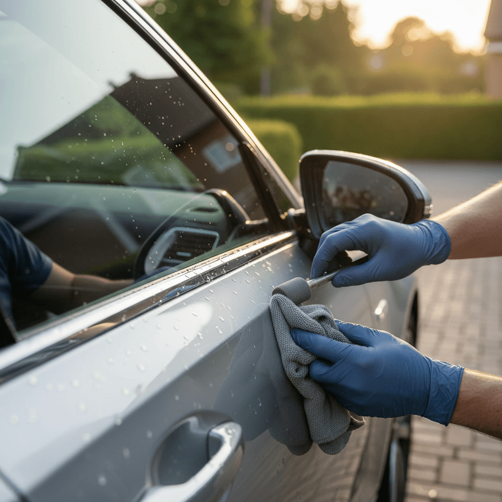 Detailer polishing the side of a car in a Vancouver driveway