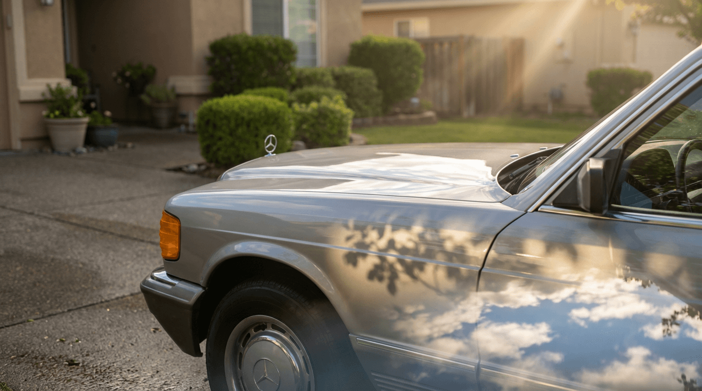 Gleaming vehicle parked in residential driveway, golden morning light reflecting off polished hood and paint, blurred home background.