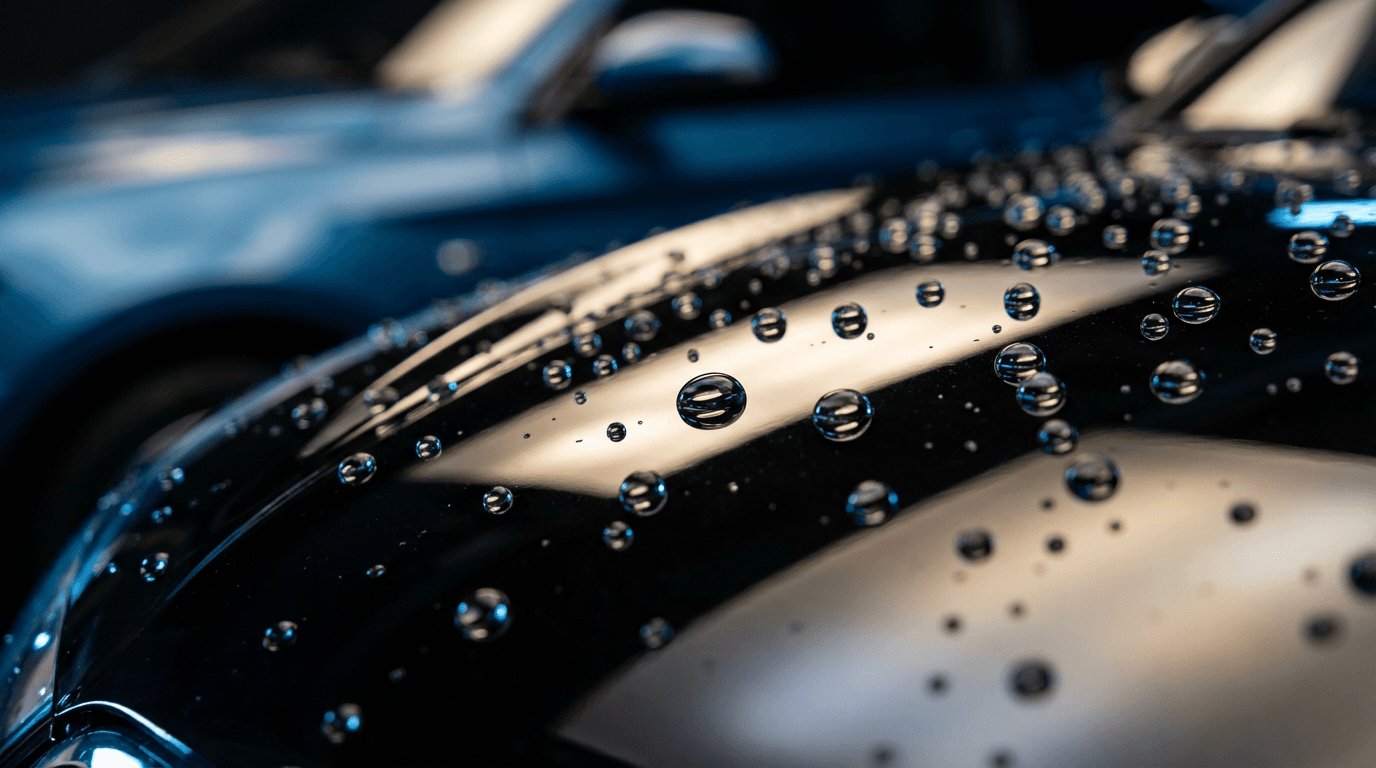 Rainwater beading on a freshly waxed SUV in Vancouver weather