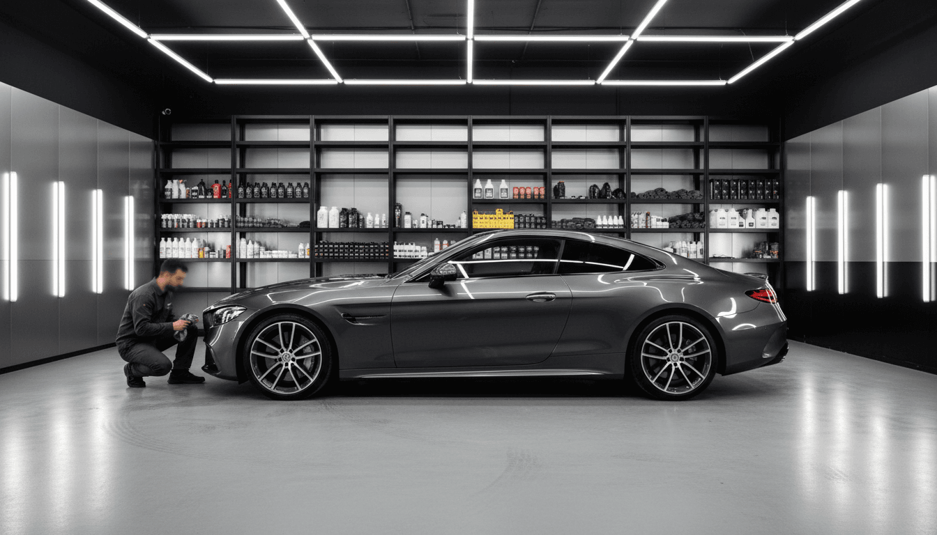 Luxury vehicle on display in modern detailing facility with technician inspecting freshly polished paint finish